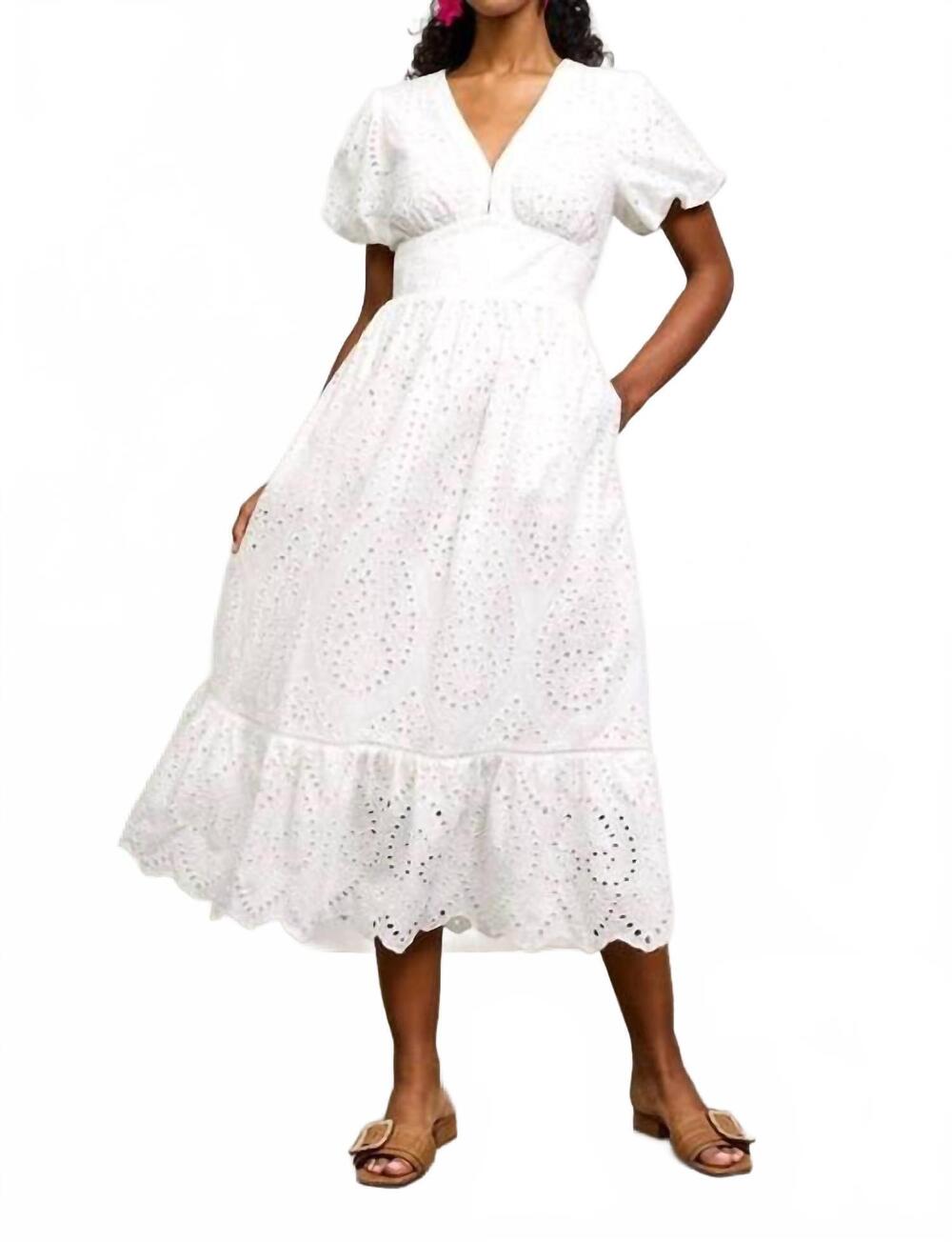 NEW SKIES ARE BLUE eyelet lace smocked back midi dress in white